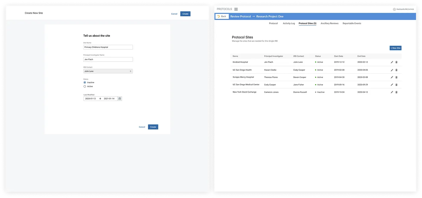 Kuali Protocols — Single IRB site management: create-a-site form and sites roster