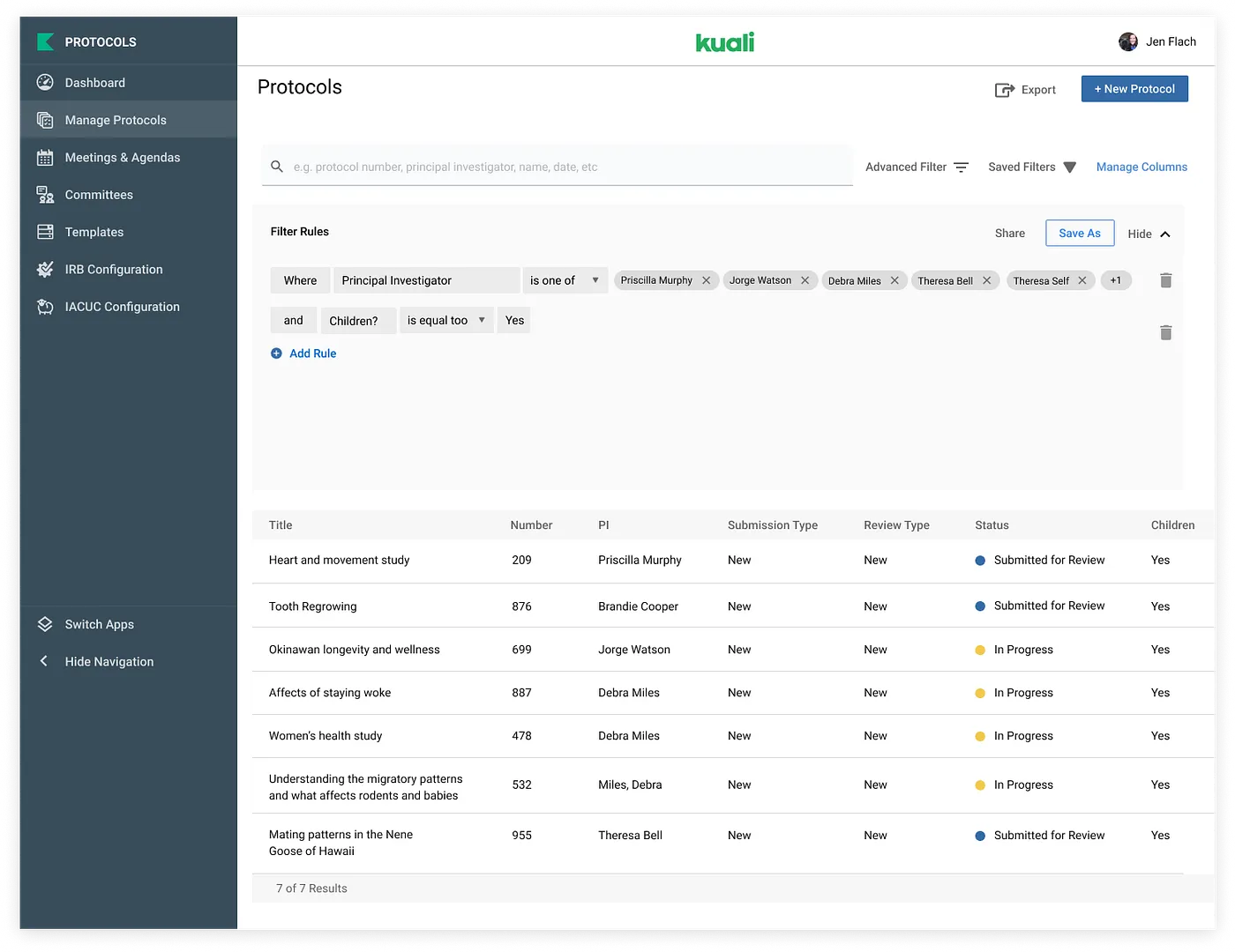 Kuali Protocols — Manage Protocols list with advanced filter rules