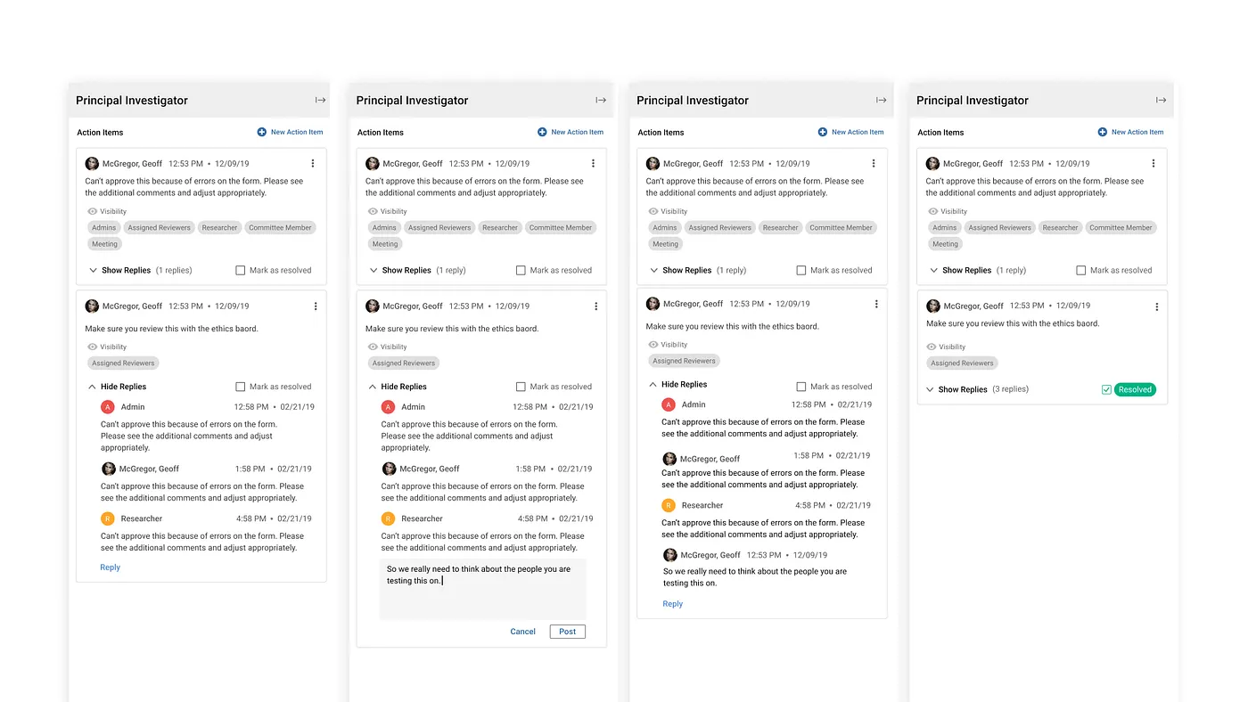 Kuali Protocols — Action Items conversation layer: visibility controls, threaded replies, resolve states