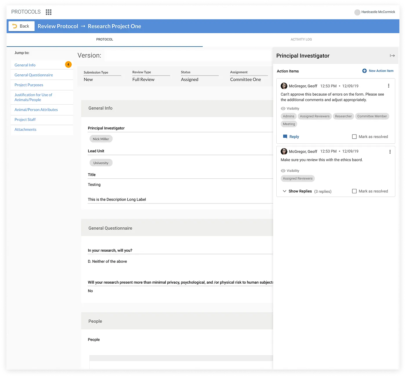 Kuali Protocols — protocol review with the Principal Investigator action-items drawer
