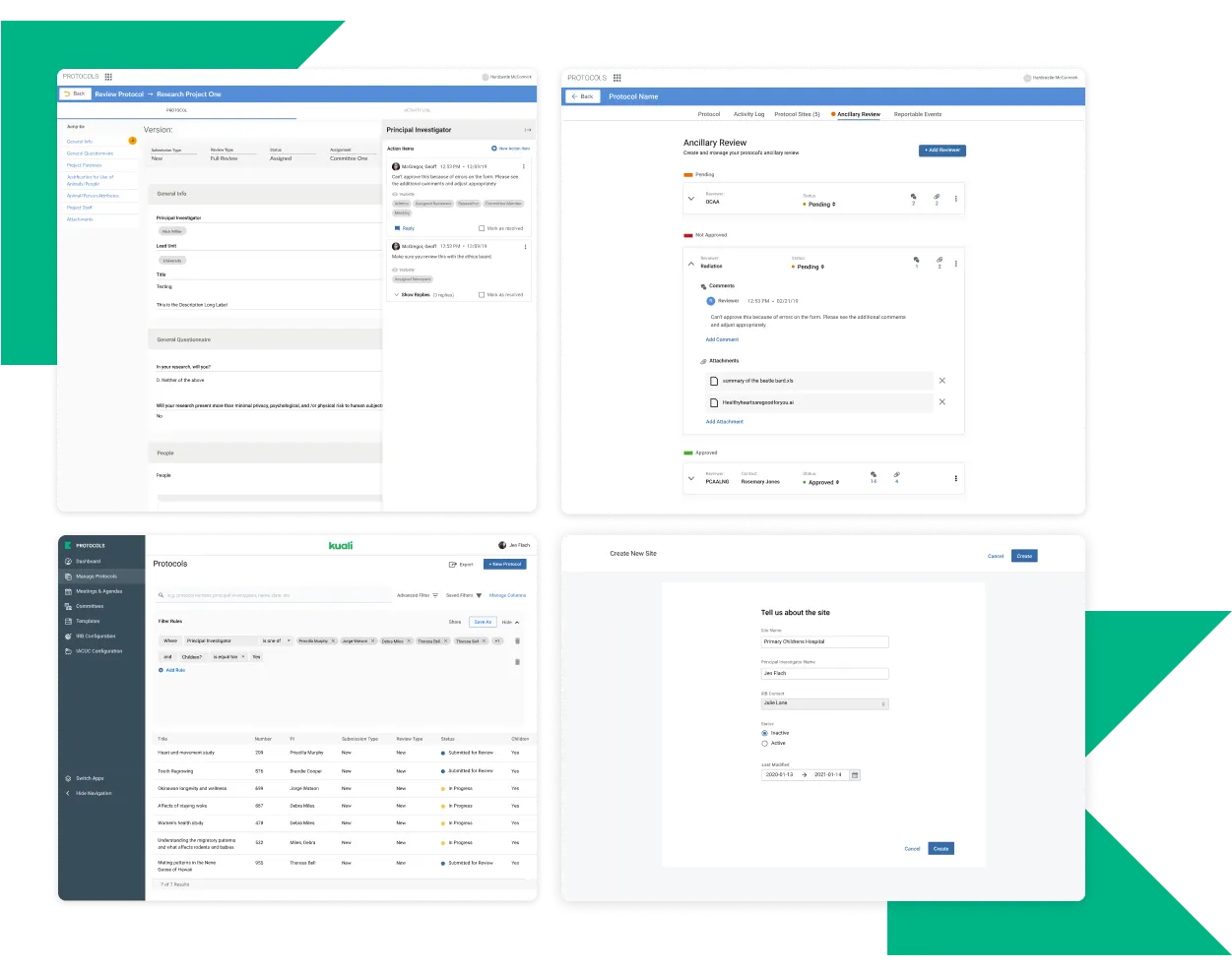 Kuali Protocols — selected screens across the reviewer's path