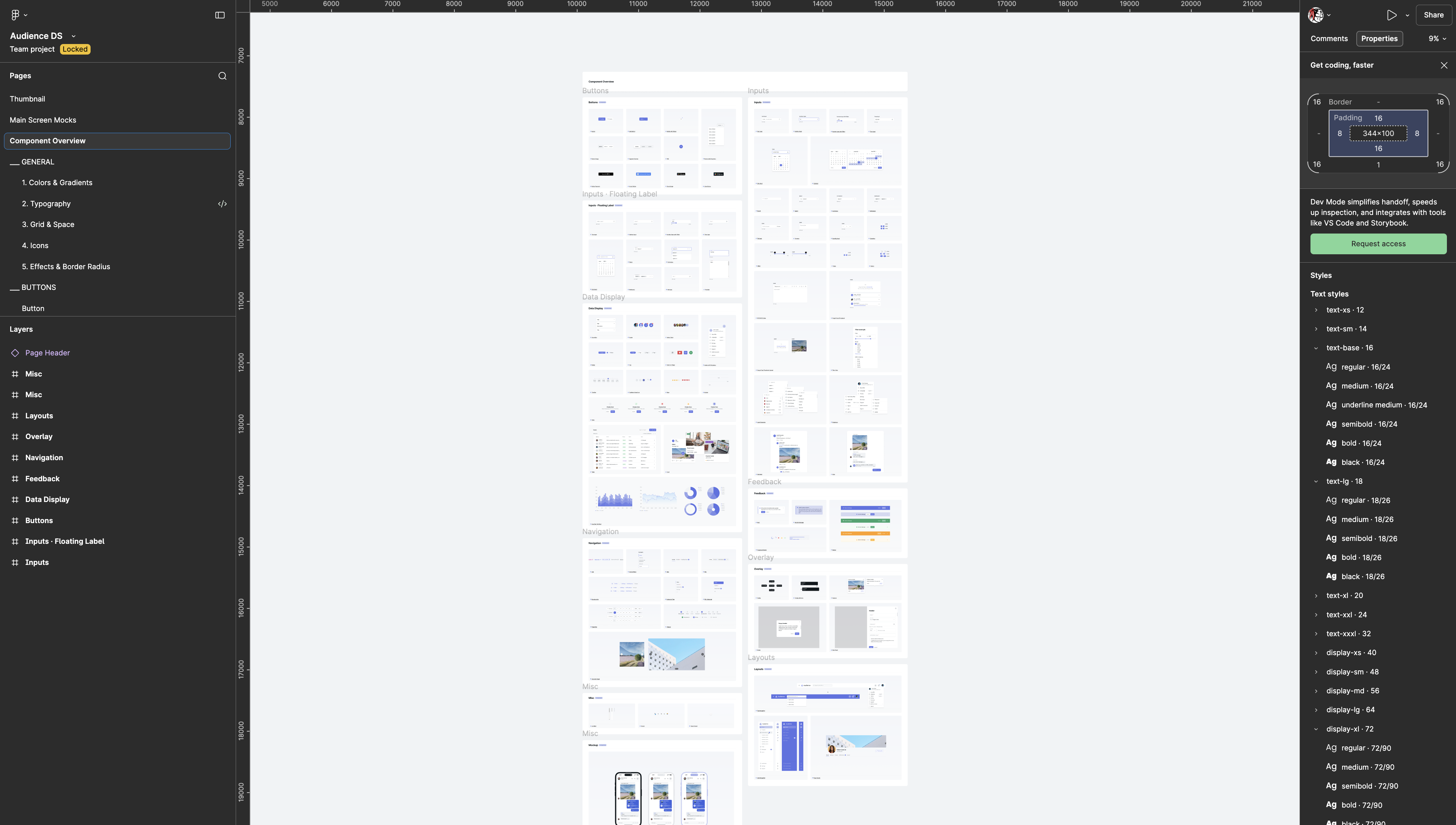 Audience design system at scale — multiple component sets and pages visible across the Figma file