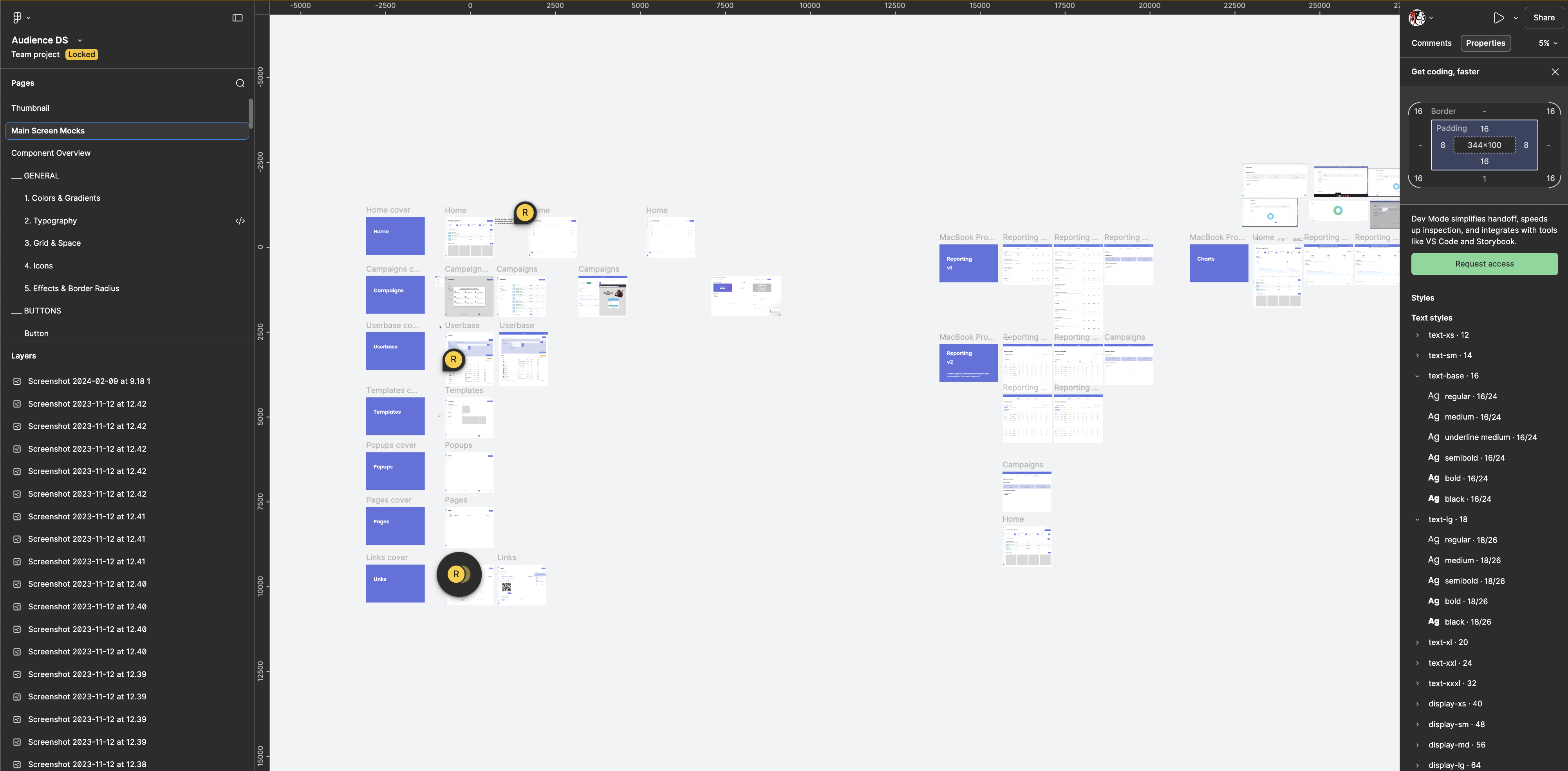 Audience design system foundations — colors, typography, grid and space, icons, effects, buttons, with rows of token and component screens in Figma