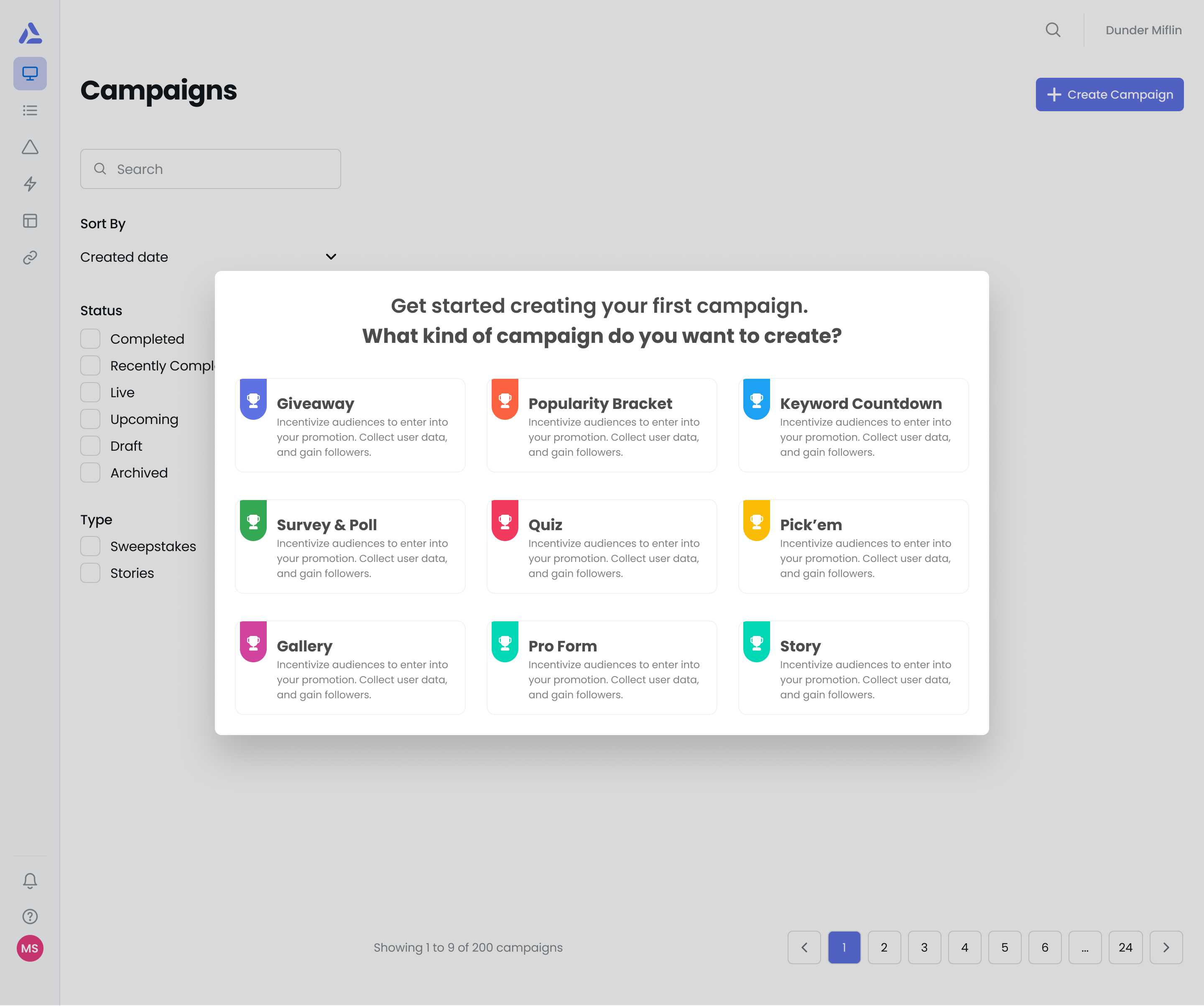 Audience product screen — Campaigns page with an empty-state modal asking what kind of campaign to create, showing nine campaign-type cards built from the system's components