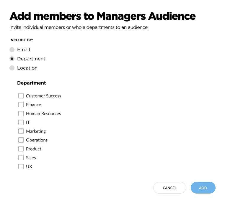 A dialog for adding members to an audience by email, department, or location