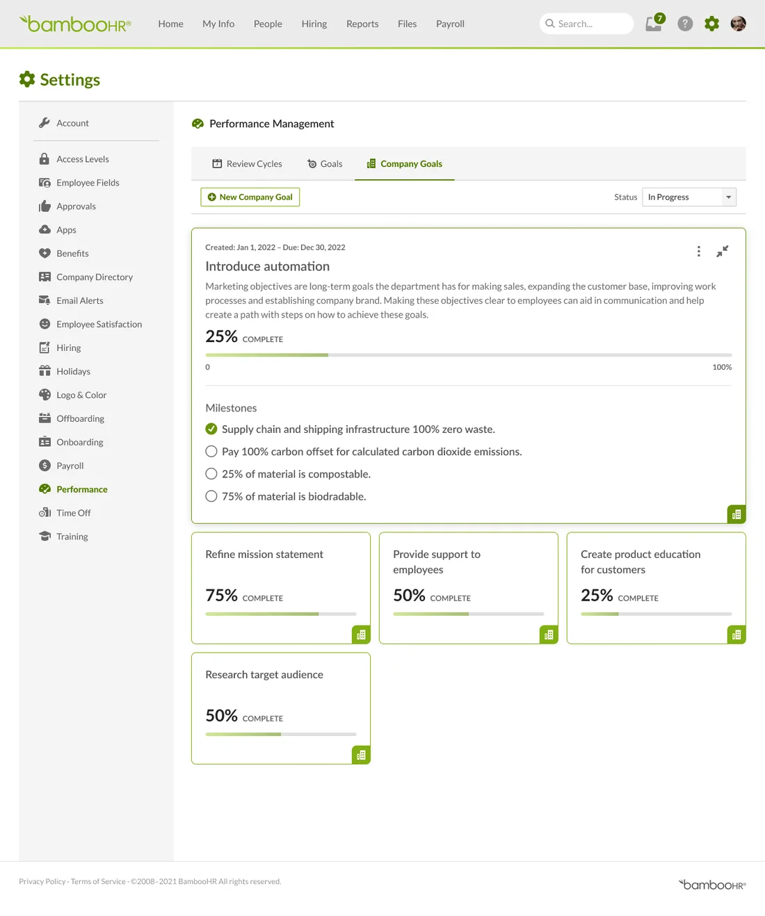 Company goals in Performance settings, shown as cards with progress, and one expanded with milestones