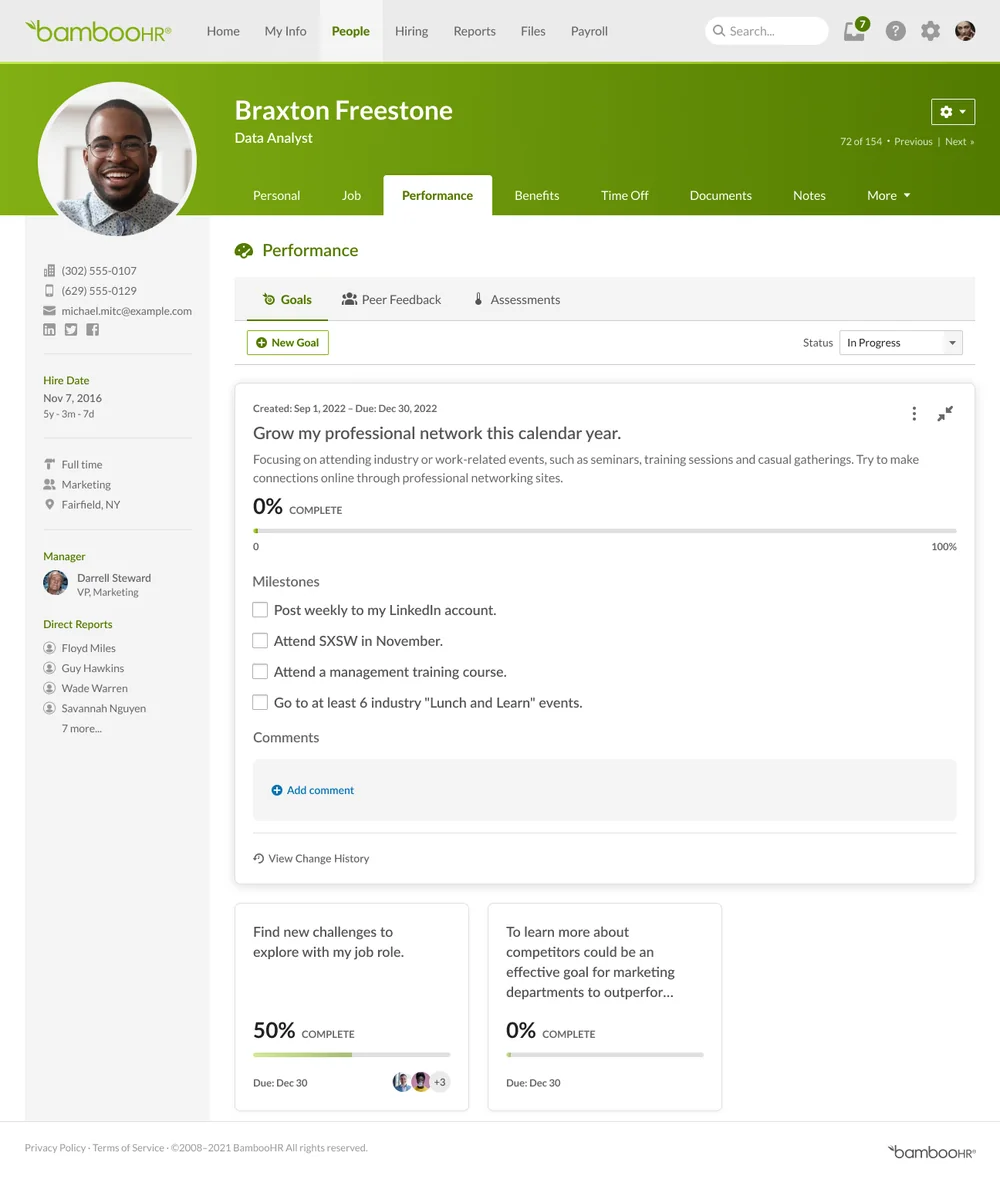 An open goal card with a progress bar, a checklist of milestones, and a comments area