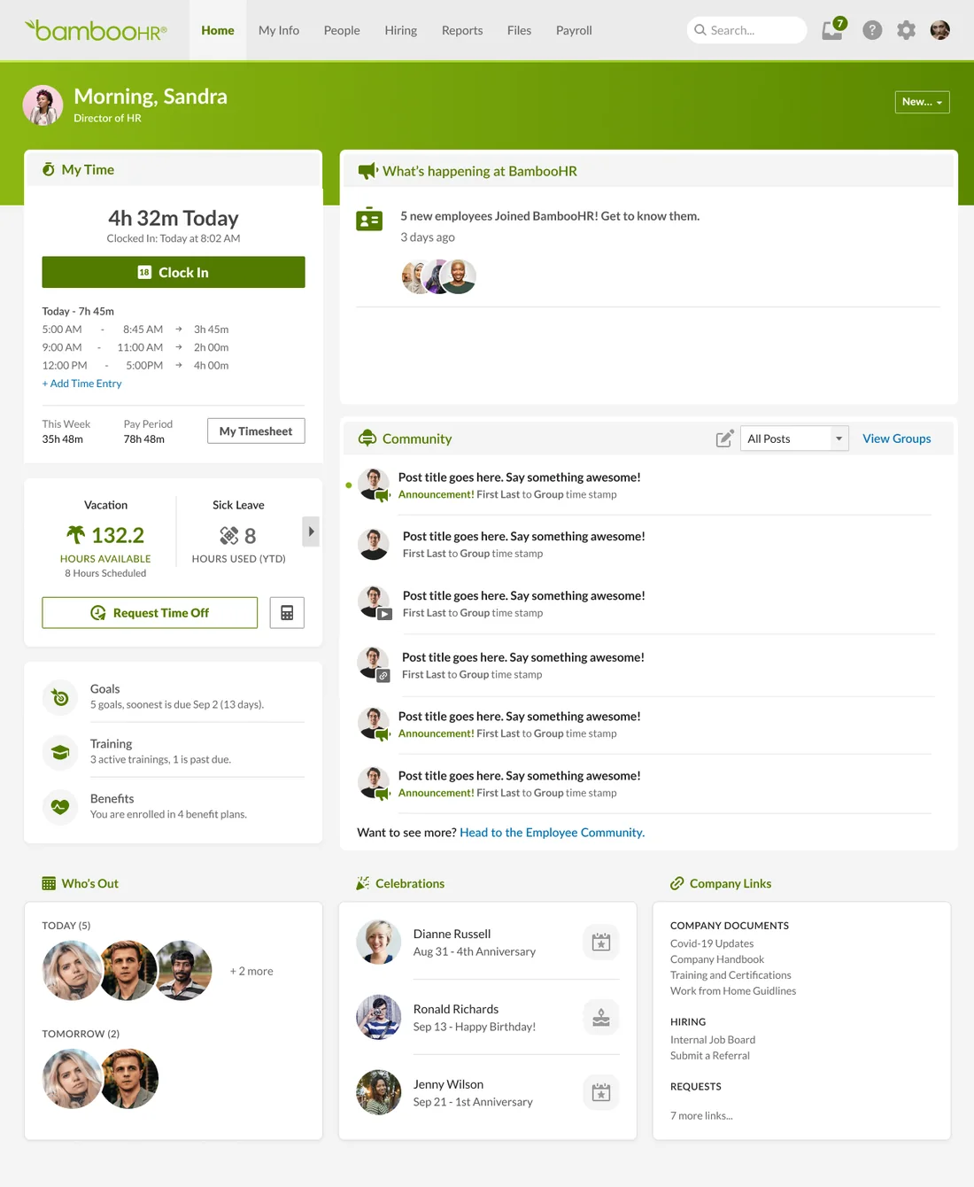The BambooHR home page with time tracking, time off, goals, and a Community feed of posts and announcements