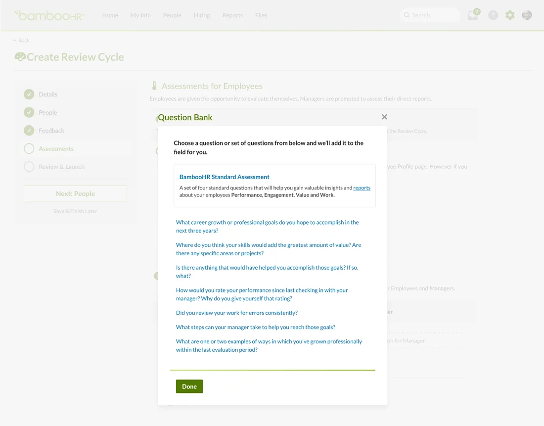 Question bank dialog with the BambooHR Standard Assessment at the top, followed by optional questions to add