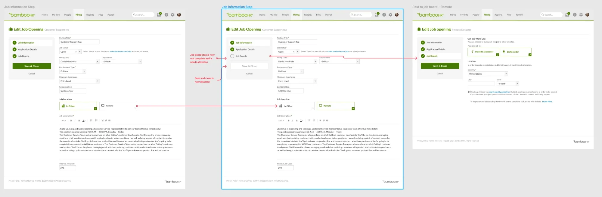 Three job posting screens with annotations: switching location to remote marks the job boards step incomplete and disables save until a location is added