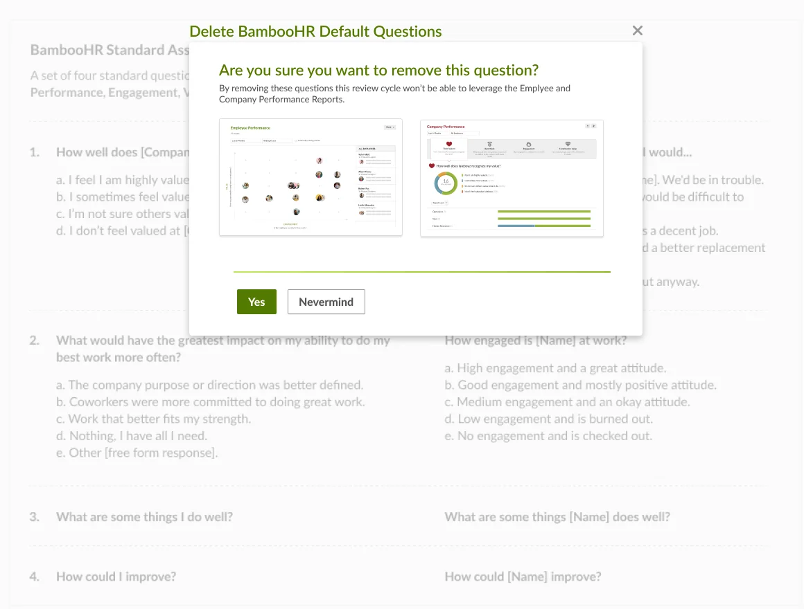 A confirmation dialog warning that removing the standard questions means the review cycle can't use the Employee and Company Performance reports