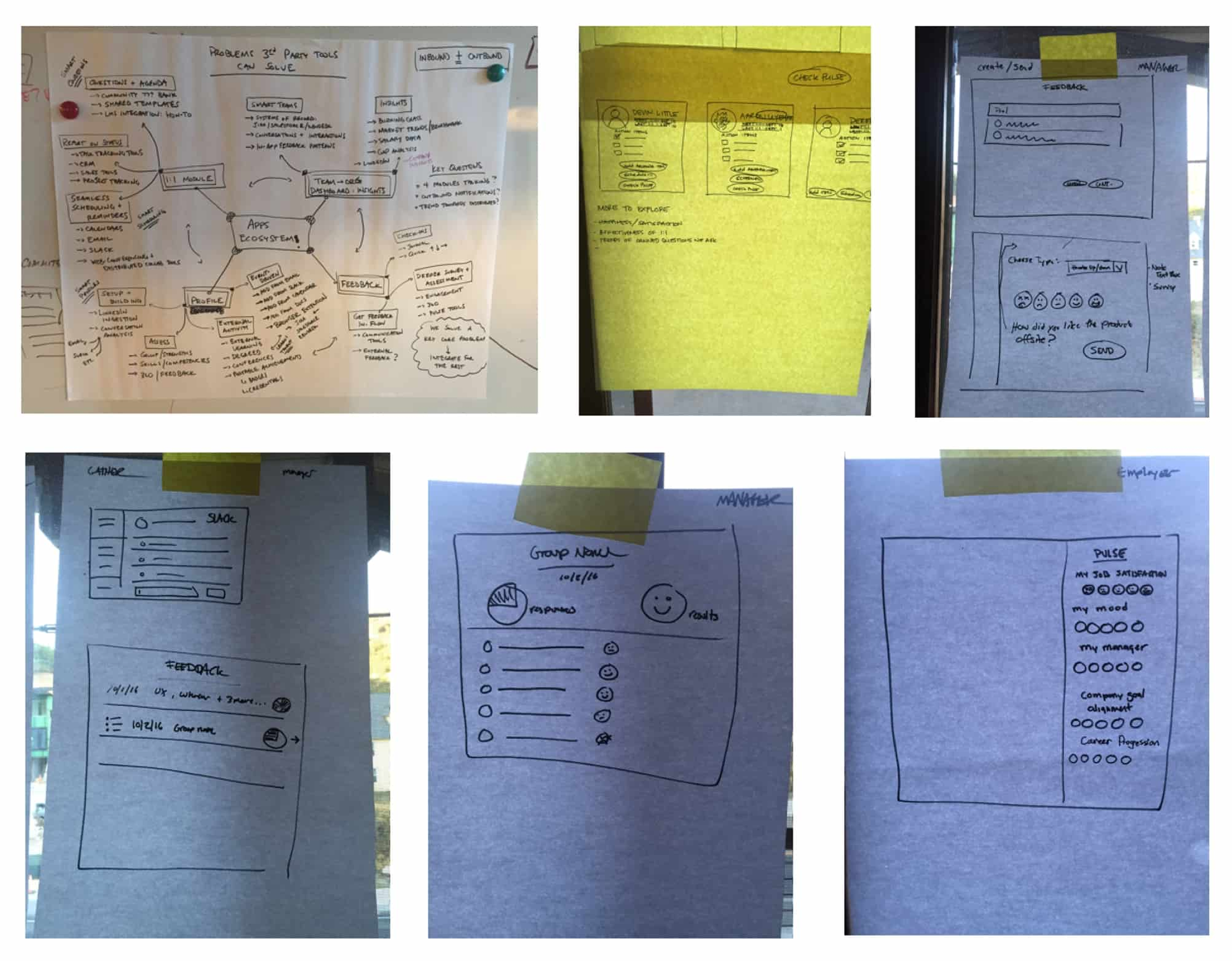 Whiteboard brainstorm — the three-roles-one-data-model concept sketched out with the team