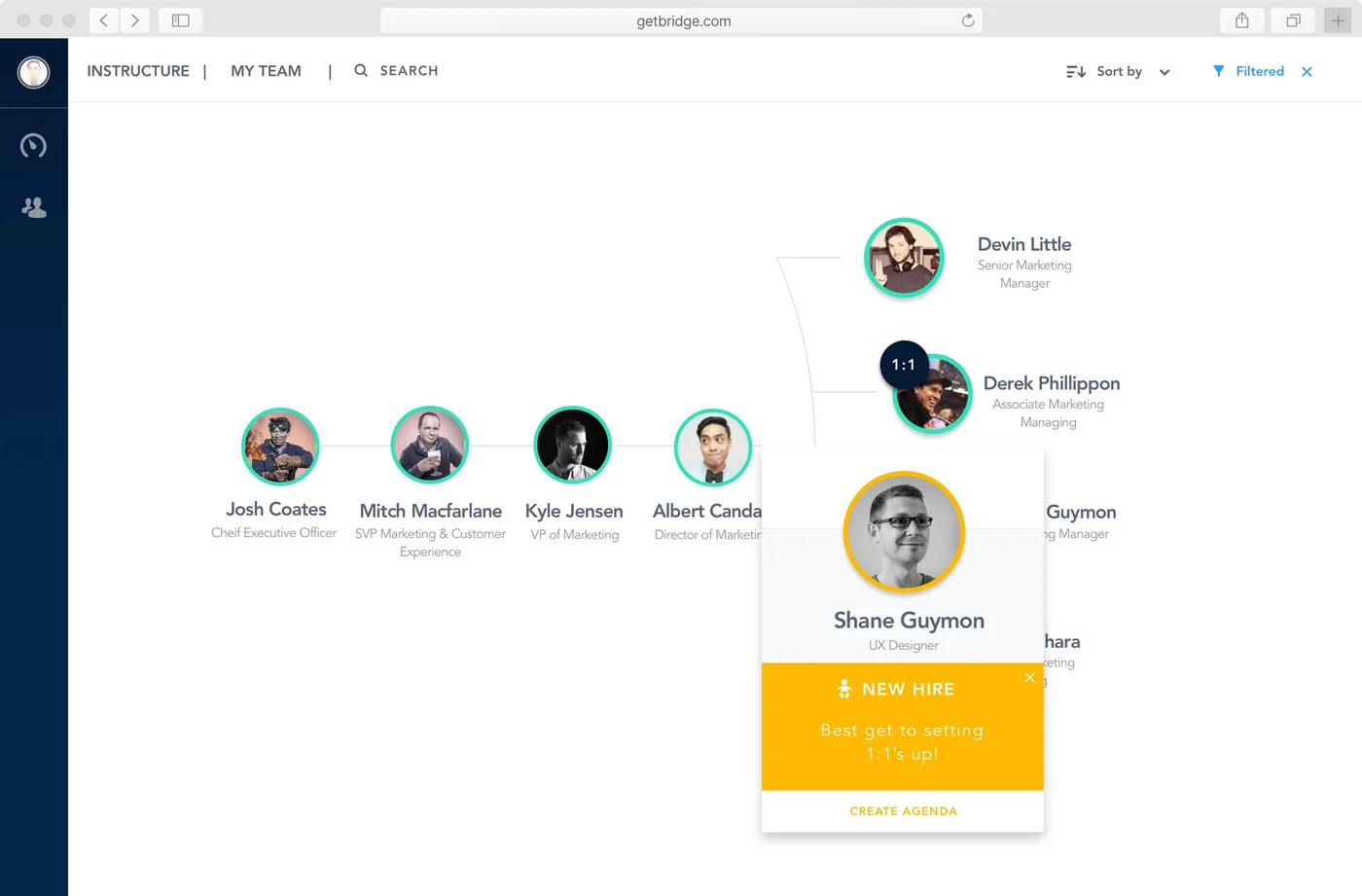 Bridge org chart running from the CEO down to a team, with a new hire card prompting the manager to set up 1:1s