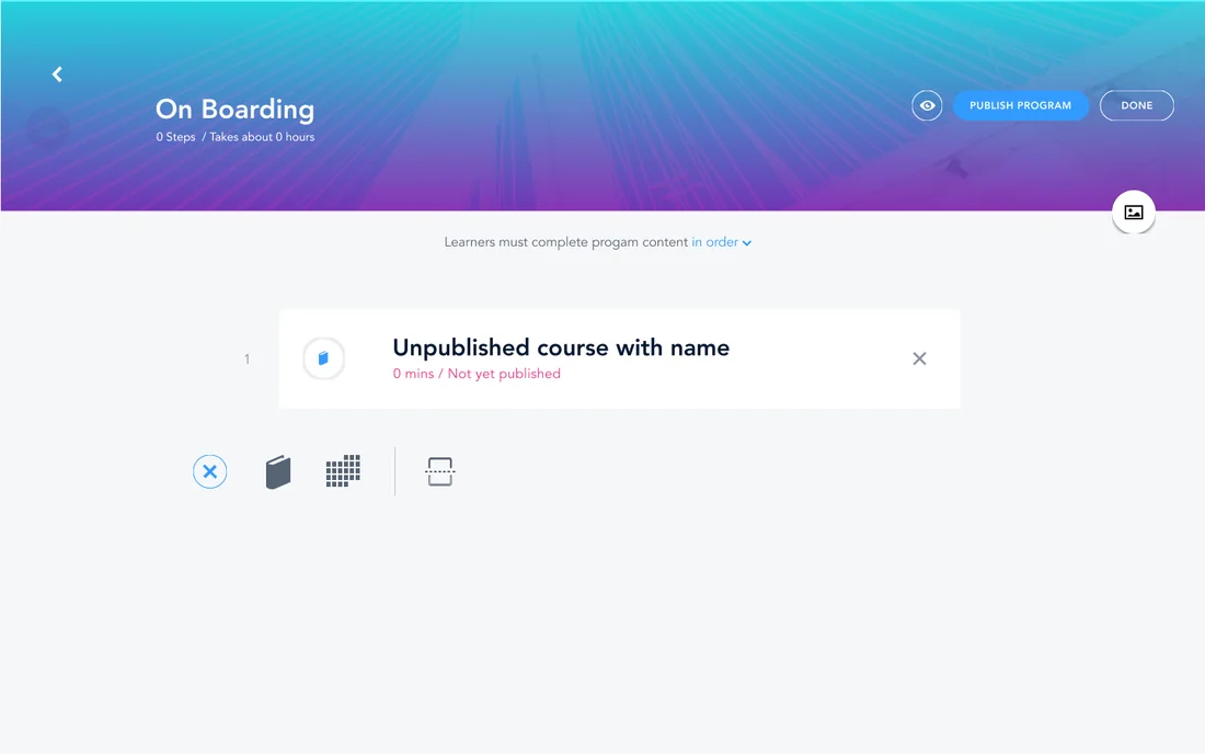 An author adding a course to a program, with tools for courses, sections, and live training
