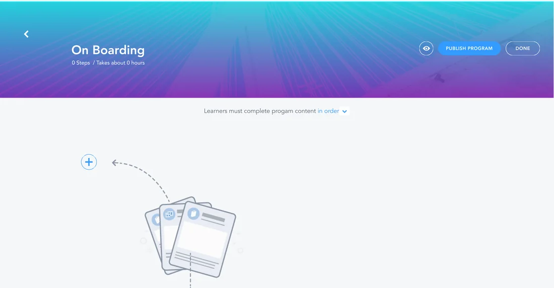 An empty program in Bridge with an arrow pointing to the button for adding courses