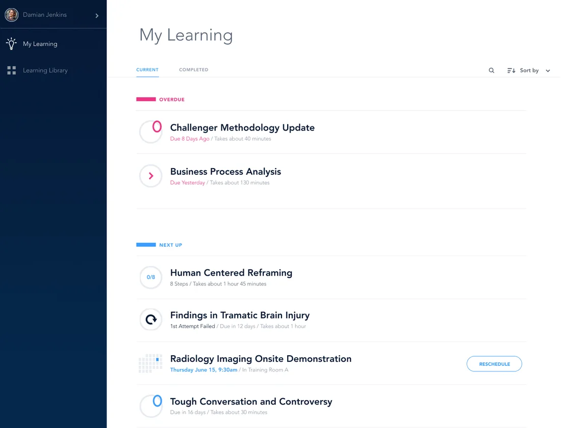 My Learning page listing overdue programs and what's next, with progress for each