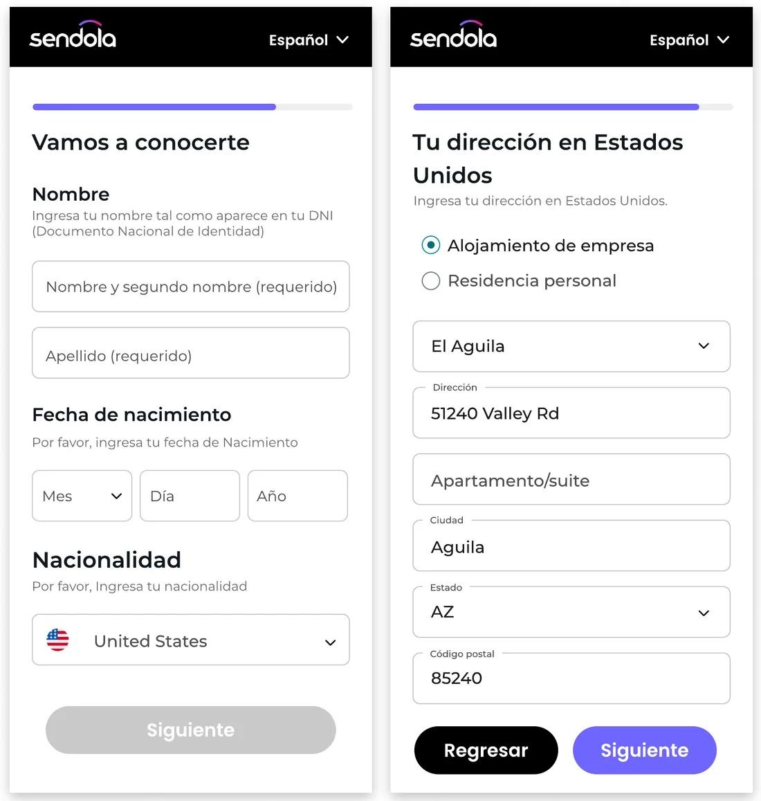 The redesigned sign-up in Spanish: a short screen for name, birth date, and nationality, then a U.S. address screen with company housing selected and the address filled in