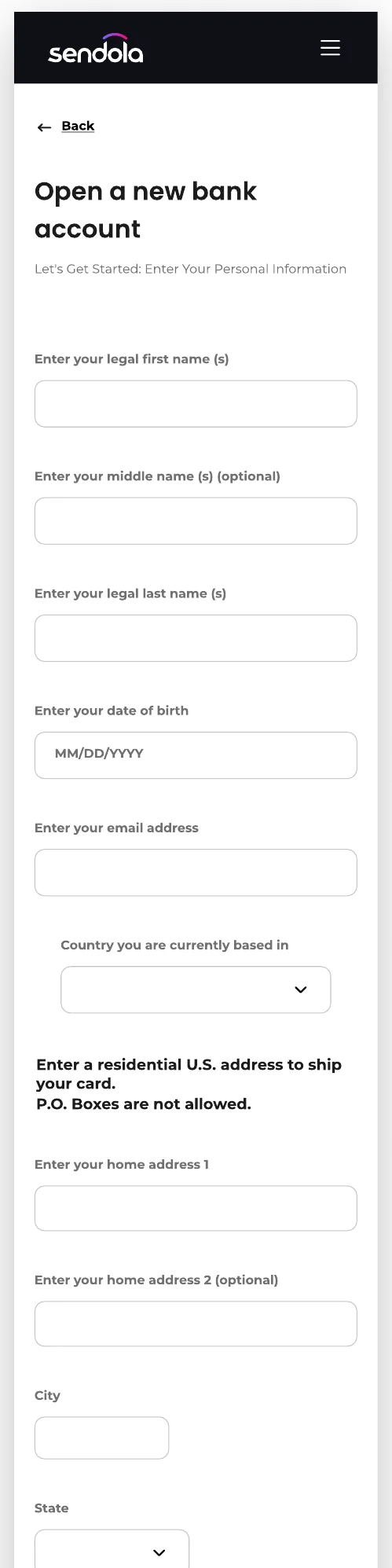 The original sign-up screen: one long English form asking for name, date of birth, email, country, and a full home address