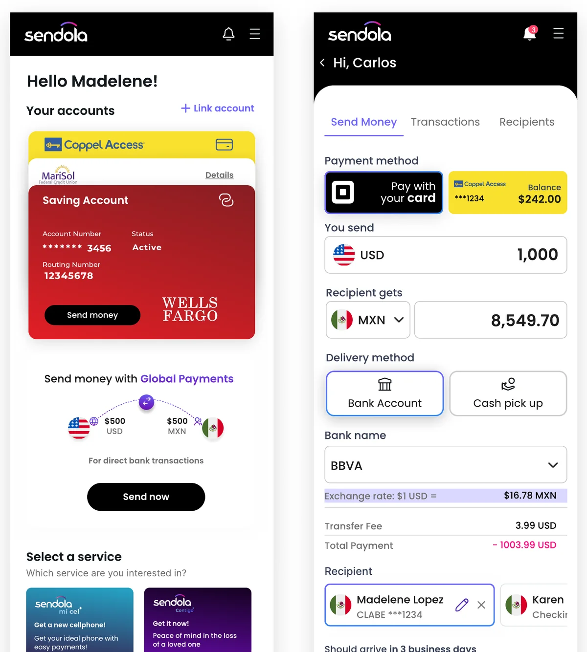 Sendola app — accounts and sending money home